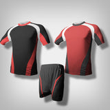 A red soccer jersey with thick white lining along the shoulder to the under arm with black underneath the biceps and along the hip going downward from the sides. A black soccer jersey with thick white lining along the shoulder to the under arm with red underneath the biceps and along the hip going downward from the sides.  One black short with red lining.