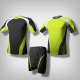 A neon green soccer jersey with thick white lining along the shoulder to the under arm with black underneath the biceps and along the hip going downward from the sides. A black soccer jersey with thick white lining along the shoulder to the under arm with neon green underneath the biceps and along the hip going downward from the sides.  One black short with neon green lining.