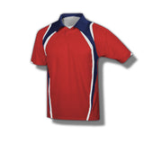 Red short sleeve button up polo shirt with navy blue and white lining